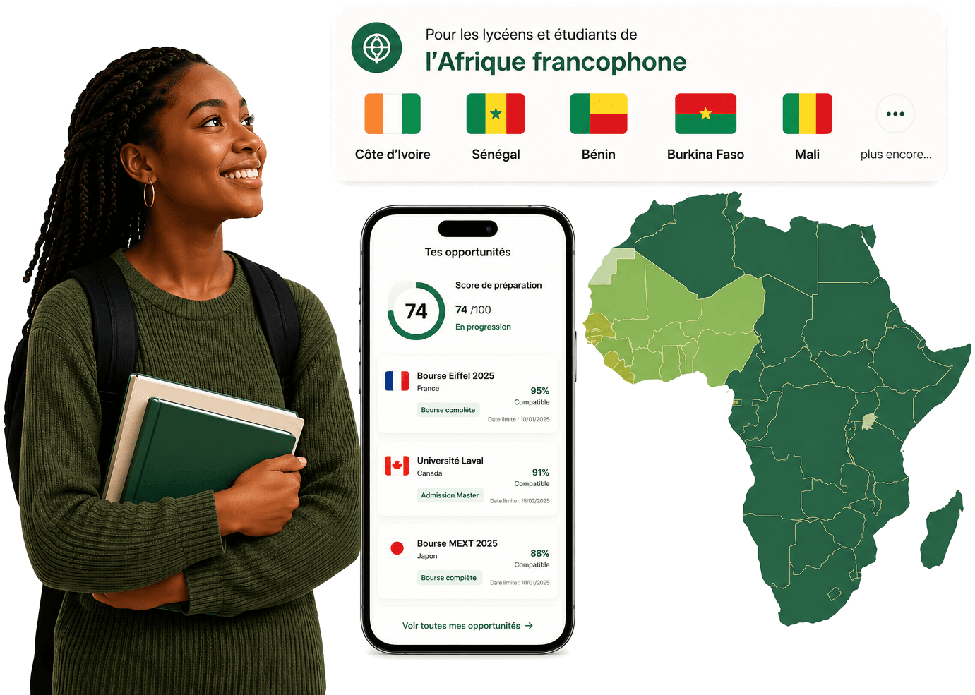 Une lycéenne souriante tenant des livres et un sac à dos. À droite, une carte « Pour les lycéens et étudiants de l'Afrique francophone » avec les drapeaux de Côte d'Ivoire, Sénégal, Bénin, Burkina Faso et Mali. Un mockup de téléphone affiche « Tes opportunités » avec un score de préparation de 74/100 et trois opportunités : Bourse Eiffel 2025 en France (95% compatible), Université Laval au Canada (91% compatible) et Bourse MEXT 2025 au Japon (88% compatible). En arrière-plan, une carte de l'Afrique met en évidence les pays d'Afrique de l'Ouest francophone.